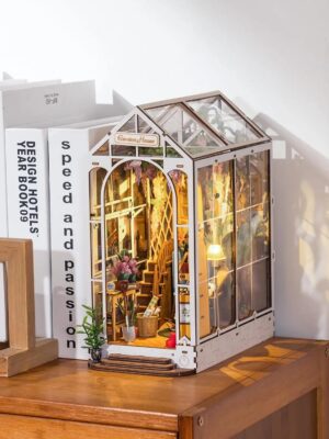 Robotime Rolife Gardenhouse Book Nook DIY Dollhouse Bookend Model Kit with LED Light Wooden Puzzle for Bookshelf Decor - TGB06